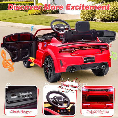 Dodge Licensed 12V Electric Ride-On Charger SRT Hellcat for Kids with Parental Remote Control, Music Player, and LED Lights - Red