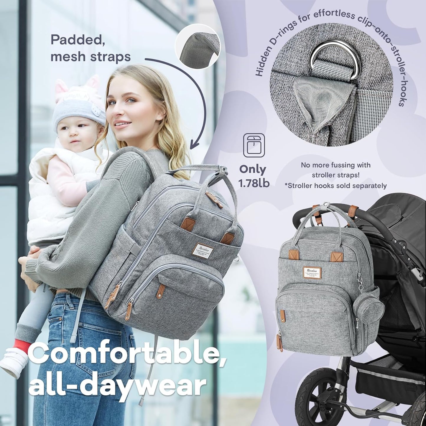 Multifunctional Travel Diaper Backpack - Features Changing Pad, Insulated Bottle Holders, Pacifier Case, Large Capacity, Waterproof Design in Gray