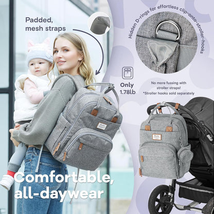 Multifunctional Travel Diaper Backpack - Features Changing Pad, Insulated Bottle Holders, Pacifier Case, Large Capacity, Waterproof Design in Gray