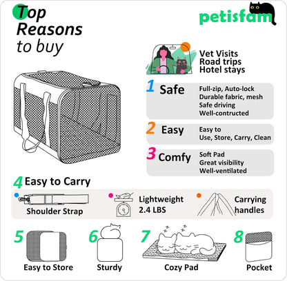 Quick-In Pet Carrier for Cats. 360° Airy Mesh Windows Let Fur-Kids See You & Breath Easy, Reduce Travel Anxiety. Rip-Stop Fabric & Lockable Zips Hug Securely. Washable Pad. Adjustable Shoulder Strap