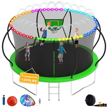 Trampoline, 1200LBS 12FT Trampoline for 1-2 Adults/ 4-5 Kids, Trampoline with Enclosure Net, Basketball Hoop, Ladder, Light, Sprinkler, Backyard Outdoor Heavy Duty Trampoline, No Gap Design
