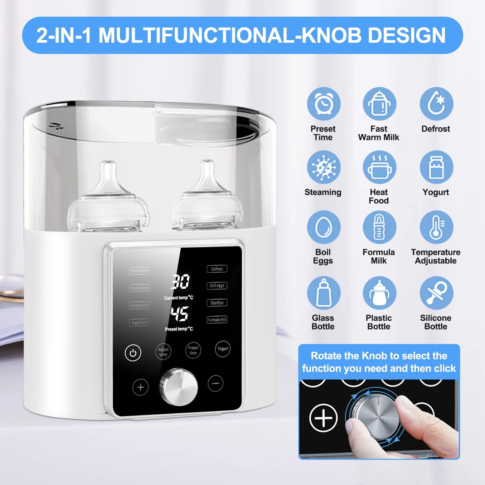 12-in-1 Multifunctional Baby Bottle Warmer and Sterilizer with LCD Display, Timer, and 24-Hour Temperature Control for Breastmilk and Formula, BPA-Free Dual Food Heater and Defroster