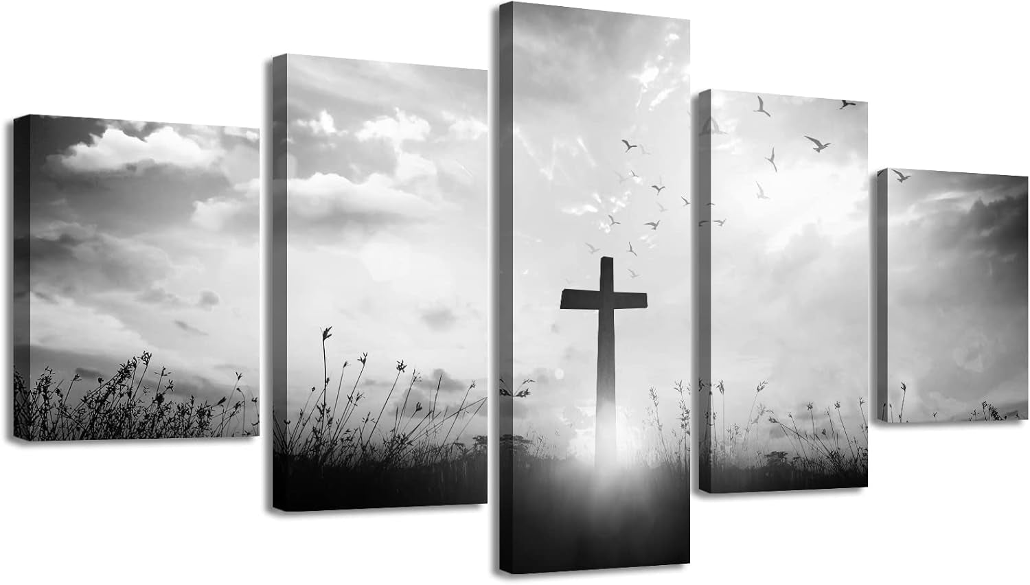 Black and White Christian Wall Art Set - Religious Jesus Cross Prints for Living Room and Bedroom Decor - 5-Piece Artwork (60" W x 32" H)