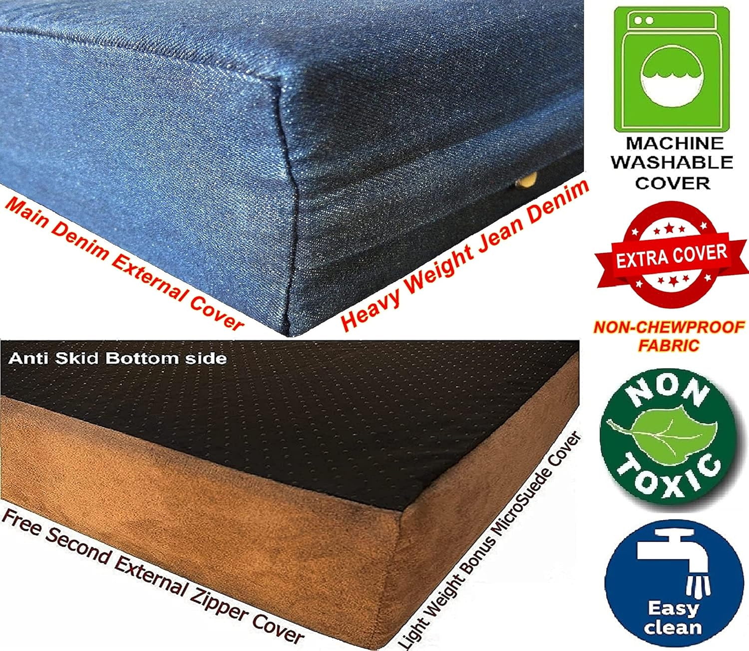 Premium Orthopedic Memory Foam Dog Bed for Medium Large Dogs, Washable Durable Denim Cover, Waterproof and Extra External Pet Bed Case 37"X27"X4"