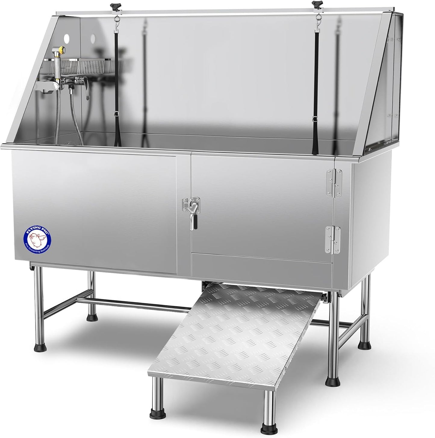 62-Inch Stainless Steel Pet Bathing Tub with Faucet (Right Door/Left Drain) - Dimensions: 62" x 27" x 58