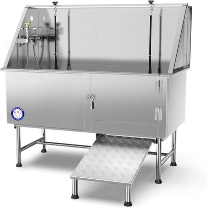 62-Inch Stainless Steel Pet Bathing Tub with Faucet (Right Door/Left Drain) - Dimensions: 62" x 27" x 58