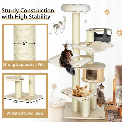 Cat Tower, Cat Tree for Indoor Cats, 77.5-Inch Cat Tree Condo Multi-Level Kitten Activity Tower with Sisal Posts-Cream White for Kittens, Elderly Cats, Adult Cats