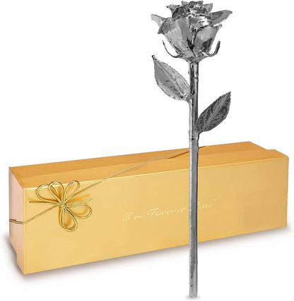 Platinum-Dipped Real Rose in Luxury Gold Gift Box - Handcrafted Preserved Keepsake for Anniversaries, Valentine's Day, or Birthdays