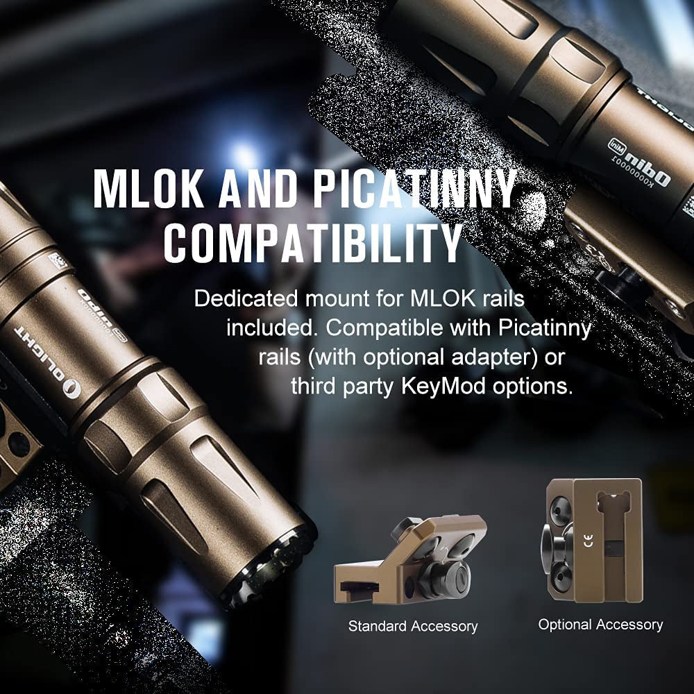 Odin Mini 1250 Lumens Ultra-Compact Rechargeable Mlok-Mount Weapon Light with Removable Slide Rail Mount and Remote Switch, 240 Meters Beam Distance, Mlok Included
