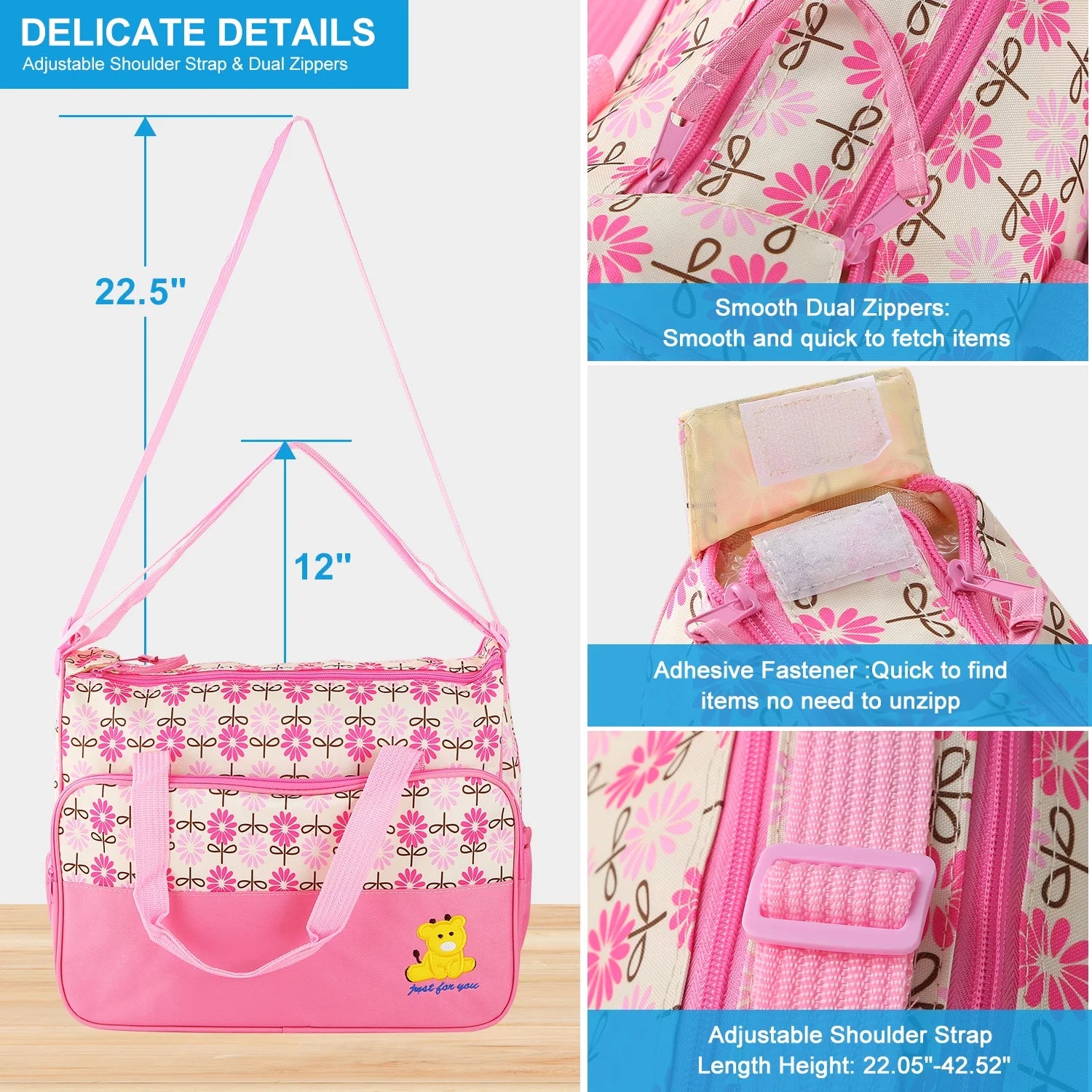 Sophisticated 5-Piece Insulated Baby Diaper Tote Set Featuring Messenger Bag, Handbag, and Food/Bottle Bag in Pink
