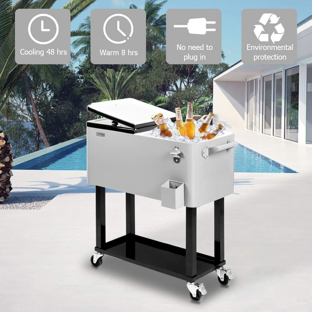 80 Quart Portable Rolling Ice Chest with Shelf and Built-in Bottle Opener for Outdoor Entertaining
