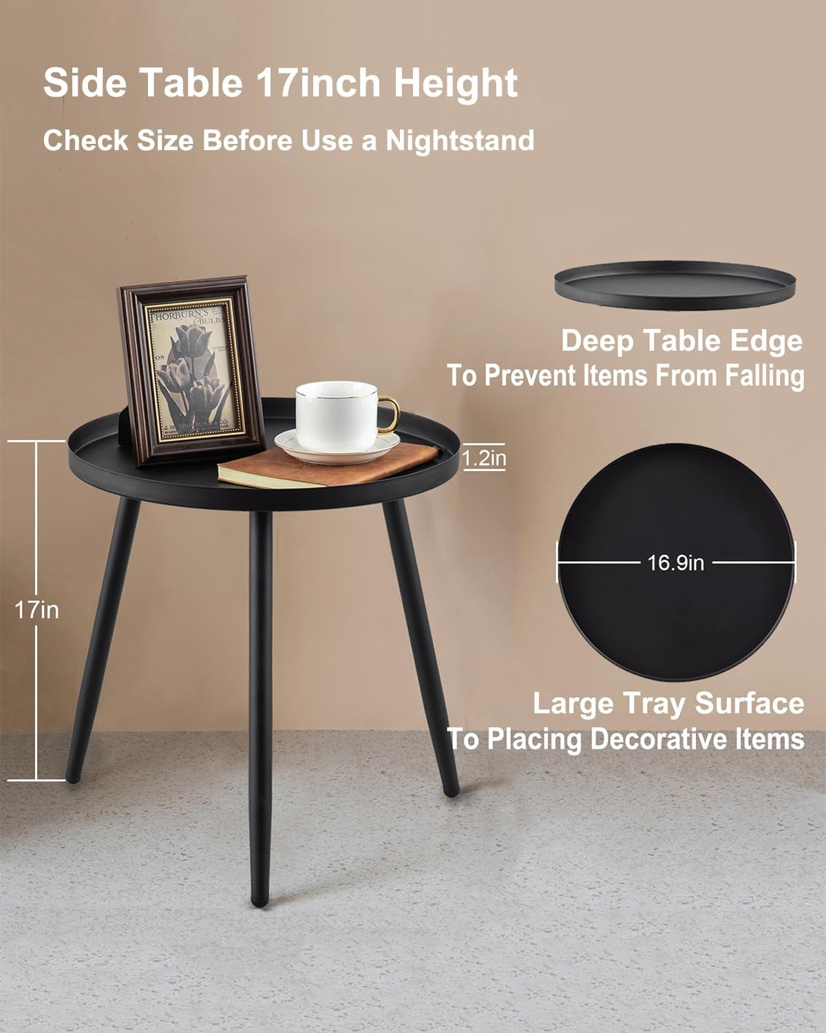 Matte Black Three-Legged End Table for Indoor Use - Compact Side Table for Limited Spaces