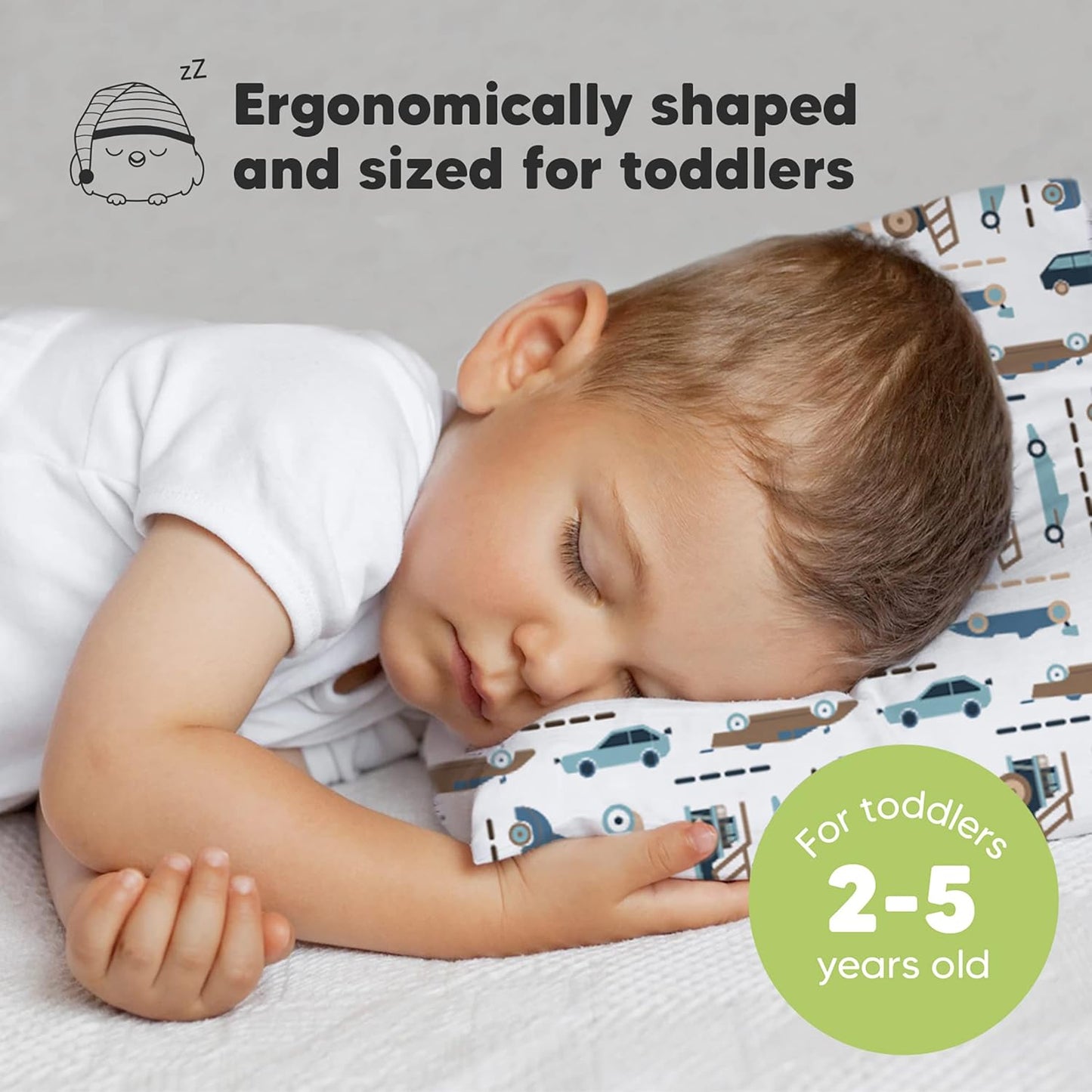 Toddler Travel Pillow with Organic Cotton Pillowcase - 13x18 My Little Dreamy Design, Soft & Breathable, Machine Washable, Ideal for Ages 2-5 (Vroom)