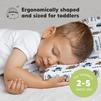 Toddler Travel Pillow with Organic Cotton Pillowcase - 13x18 My Little Dreamy Design, Soft & Breathable, Machine Washable, Ideal for Ages 2-5 (Vroom)
