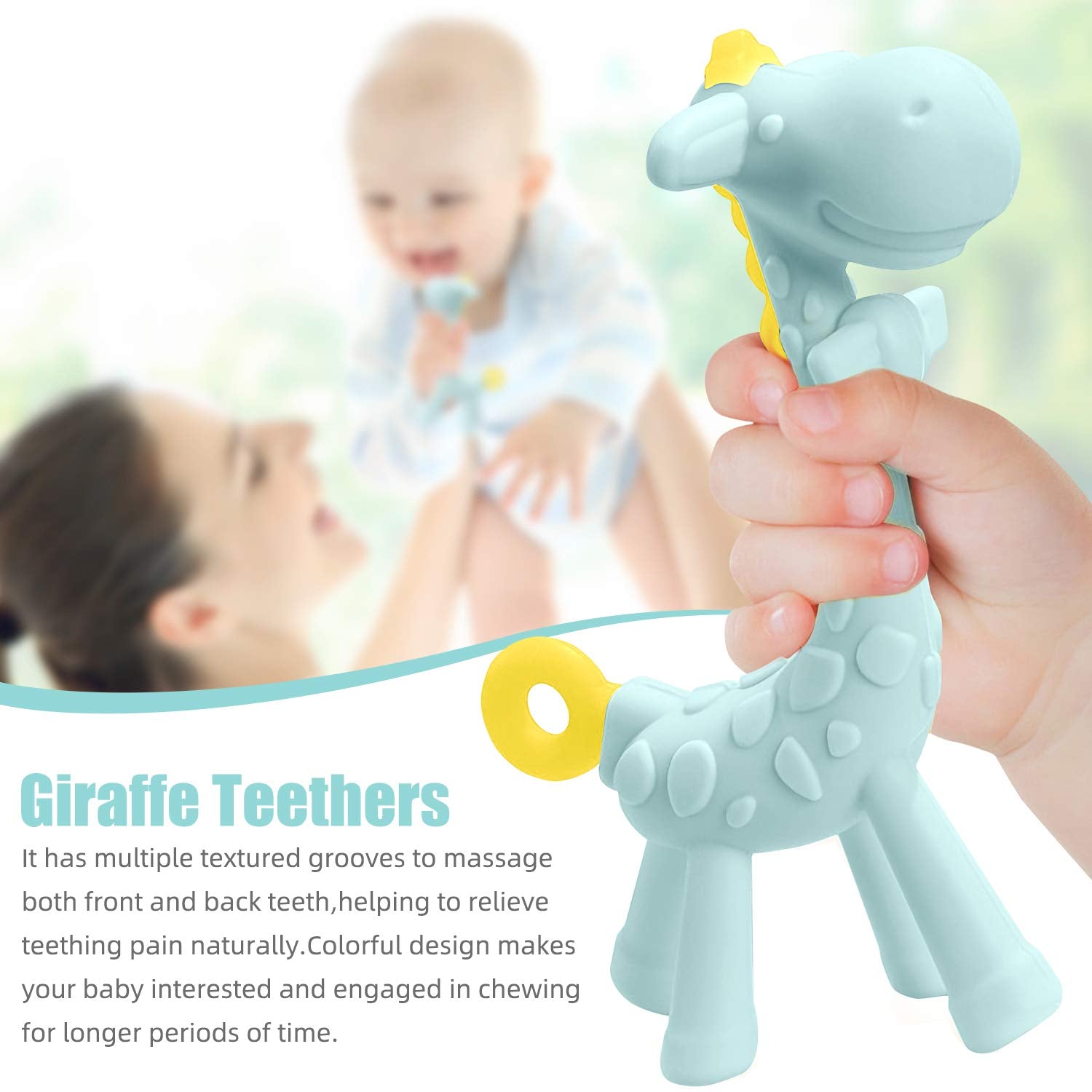 BPA-Free Silicone Giraffe Baby Teether Toy with Storage Case - Designed for Infants 3 Months and Older for Sore Gums Relief - Ideal Baby Shower Gift (Blue)