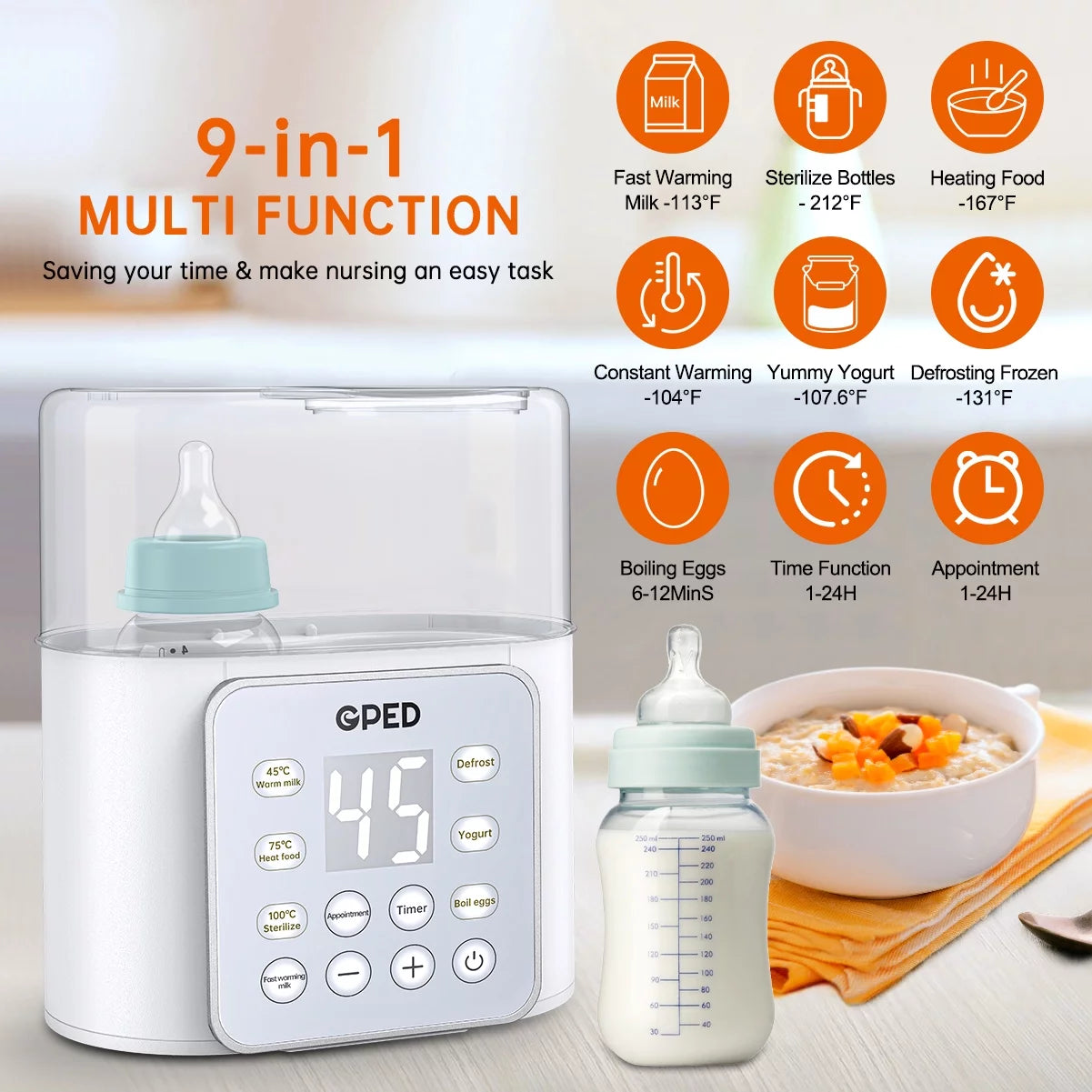 Multifunctional 9-in-1 Baby Bottle Warmer and Food Heater with Defrost Function, Dual Capacity, Programmable Timer, and 24-Hour Temperature Control for Breast Milk and Formula, BPA-Free with LCD Display