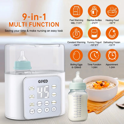 Multifunctional 9-in-1 Baby Bottle Warmer and Food Heater with Defrost Function, Dual Capacity, Programmable Timer, and 24-Hour Temperature Control for Breast Milk and Formula, BPA-Free with LCD Display
