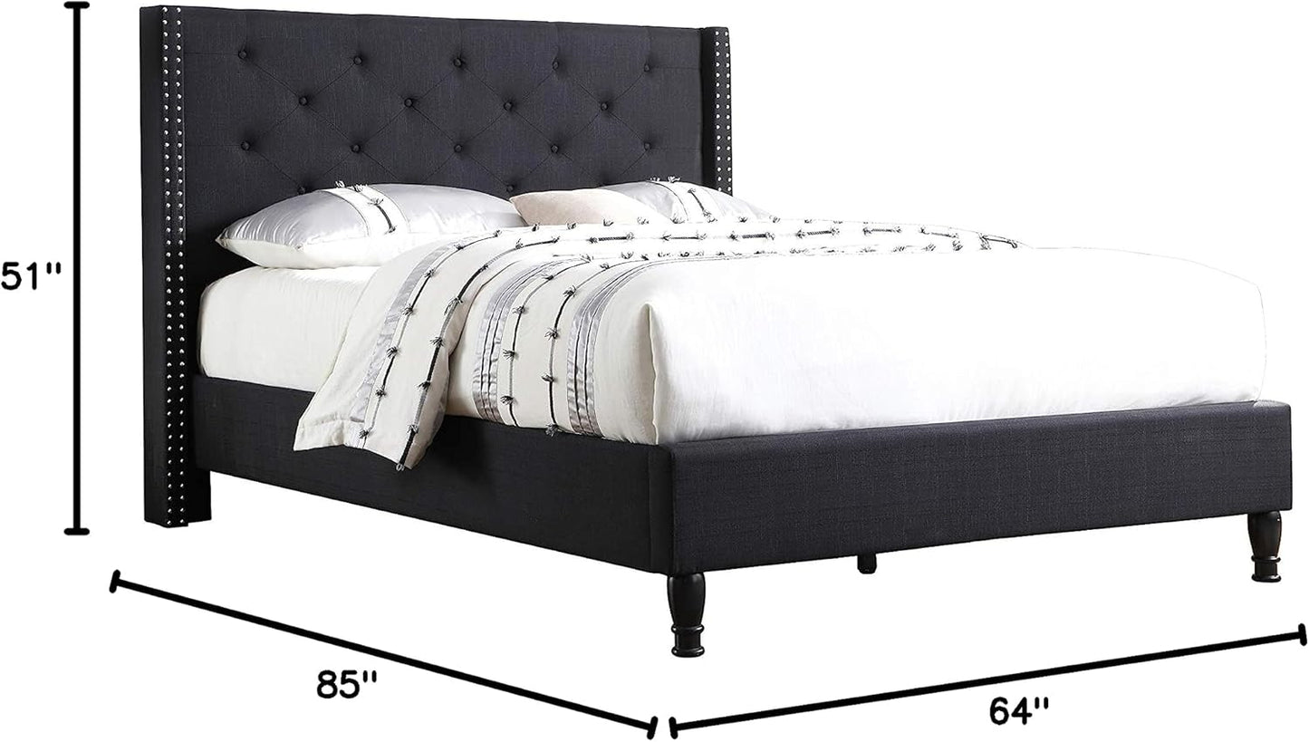 Linen Upholstered Full Size Platform Bed with 51-Inch Headboard - Durable Wooden Slat Design - Effortless Assembly - Mattress Support - No Box Spring Needed - Black