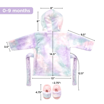 Infant Tie Dye Soft Plush Bathrobe Set with Coordinating Towel, Slippers, and Turban (12-24 Months)