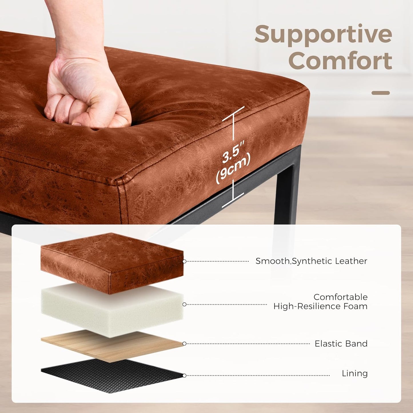 Set of 2 Modern 24" Backless Bar Stools for Kitchen Counter - Industrial Upholstered Faux Leather in Brown, Ideal for Farmhouse Islands
