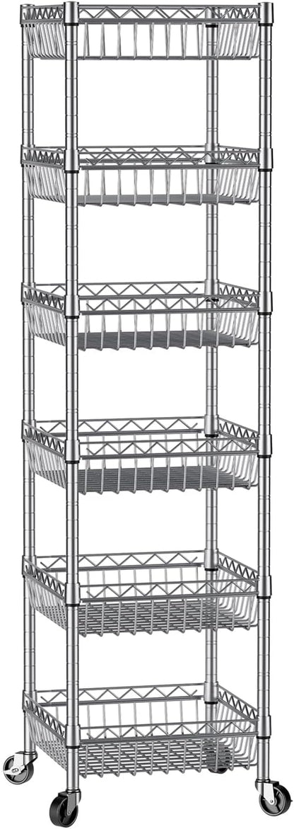 Adjustable Metal Wire Shelving Unit with Wheels for Kitchen, Laundry, and Pantry Organization - 13.5" D x 13.5" W x 63" H - Silver Finish