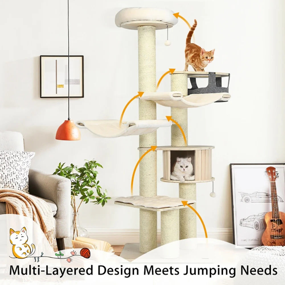 Cat Tower, Cat Tree for Indoor Cats, 77.5-Inch Cat Tree Condo Multi-Level Kitten Activity Tower with Sisal Posts-Cream White for Kittens, Elderly Cats, Adult Cats