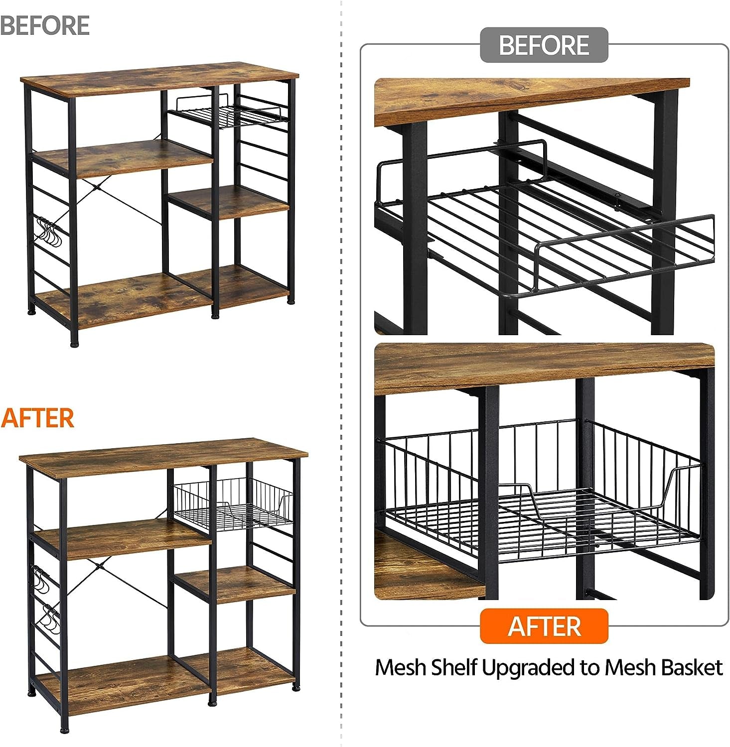 4-Tier Rustic Brown Kitchen Baker's Rack and Coffee Bar with Microwave Stand, Wire Basket, and 6 Side Hooks for Organized Storage of Spices and Utensils