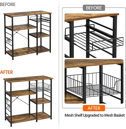4-Tier Rustic Brown Kitchen Baker's Rack and Coffee Bar with Microwave Stand, Wire Basket, and 6 Side Hooks for Organized Storage of Spices and Utensils