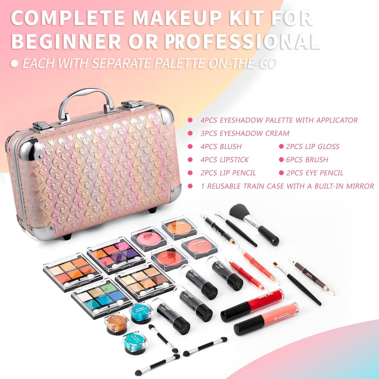 All in One Makeup Set for Teen Girls - Full Makeup Kit for Beginners with Eye Shadow Palette, Blush, Lip Gloss, Brush, Mirror (Pink Heart)