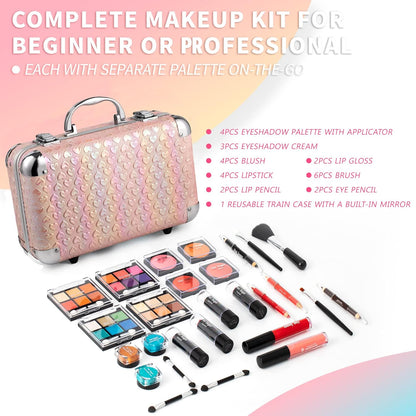 All in One Makeup Set for Teen Girls - Full Makeup Kit for Beginners with Eye Shadow Palette, Blush, Lip Gloss, Brush, Mirror (Pink Heart)