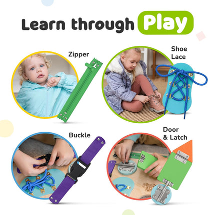 Premium Wooden Sensory Busy Board for Toddlers Aged 1-3, Featuring 10 Educational Activities to Enhance Fine Motor Skills and Ideal for Travel
