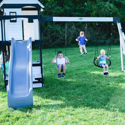 Canyon Creek White Outdoor Kid'S Playground Set W/ Rock Wall, Wave Slide, Web Swing, and Playset Kitchen