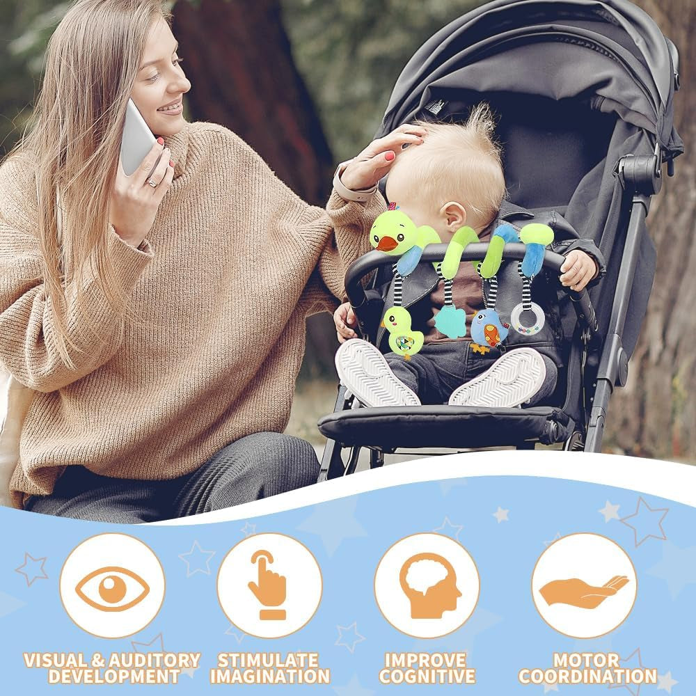 Baby Car Seat Activity Spiral Toys, Plush Crib Accessories with Squeaker for Boys and Girls (Duck Design)