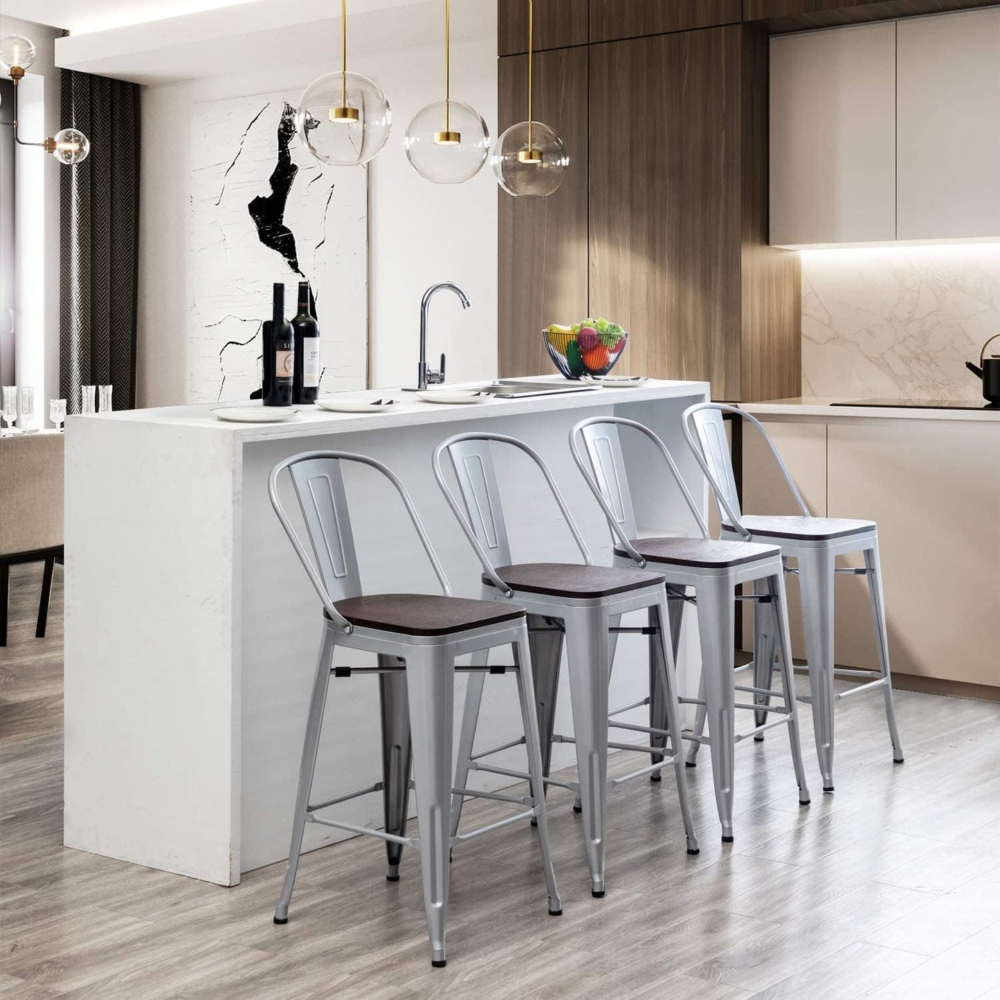 Set of 4 Industrial Metal Bar Stools, 26-Inch Counter Height with Backs, Farmhouse Style, Silver Finish