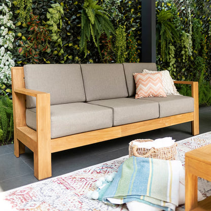 Logan Outdoor Sofa with Tan Cushions and Teak Frame