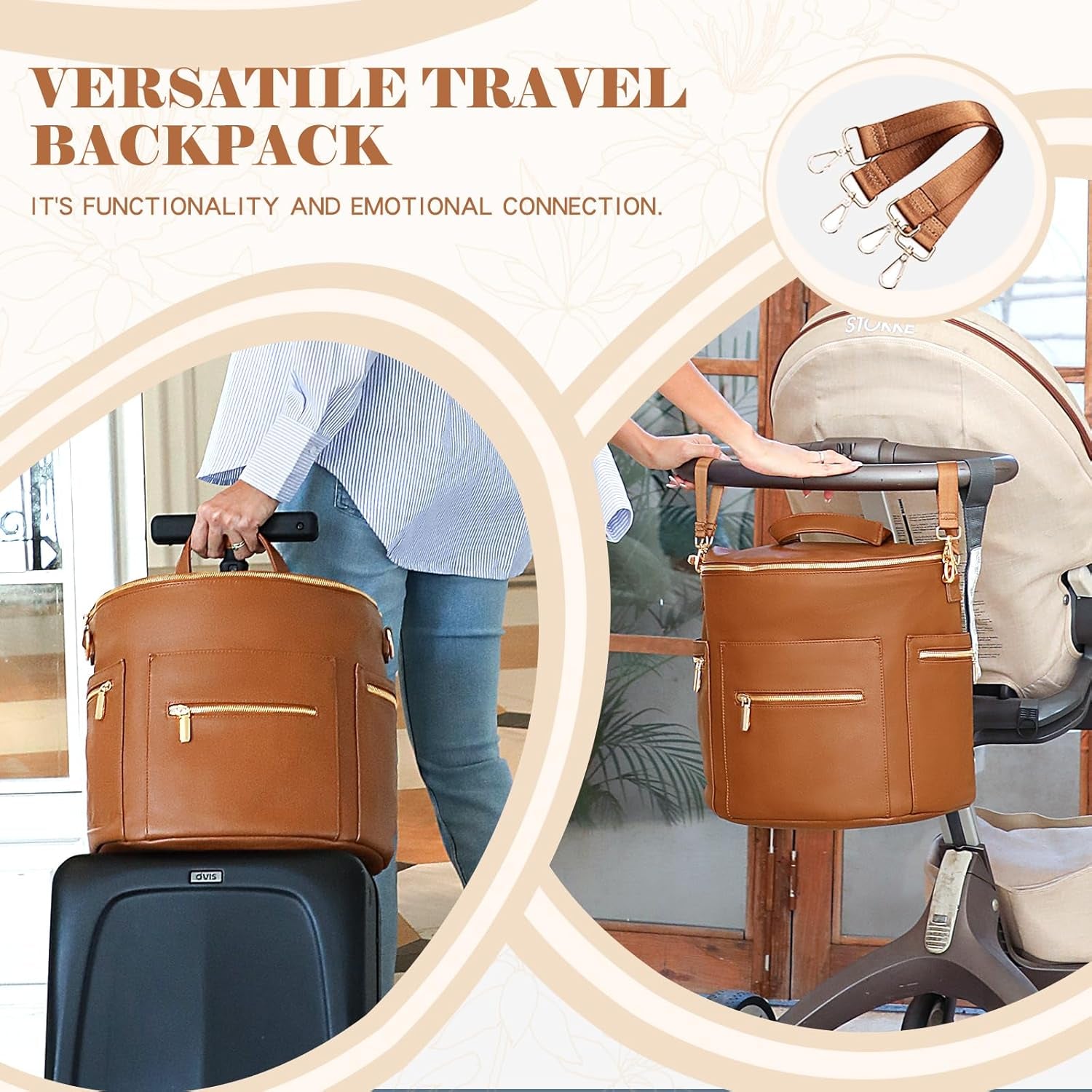 Luxury Leather Diaper Bag Backpack with Changing Pad, Stroller Straps, and Insulated Pockets - Convertible Design in Brown