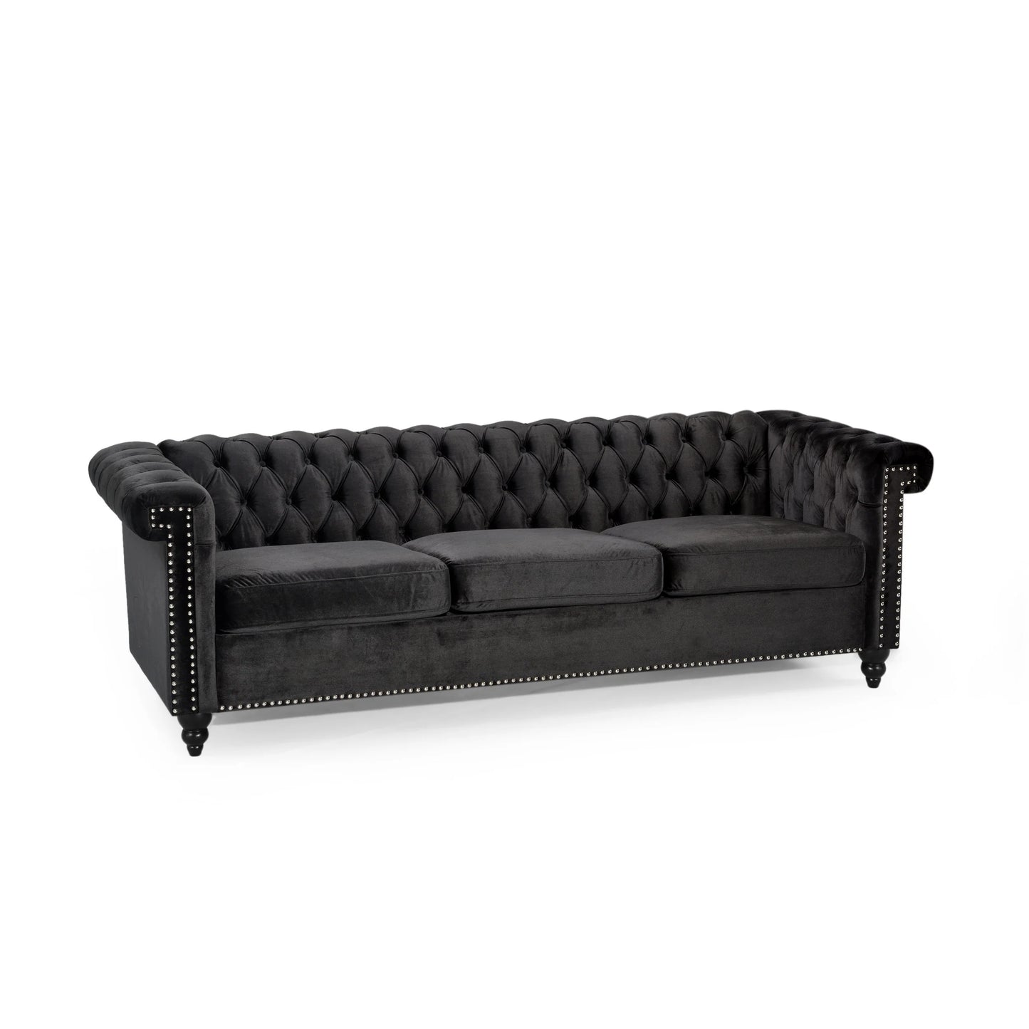 Zyiere Tufted Chesterfield Three-Seater Sofa in Black Velvet and Dark Brown