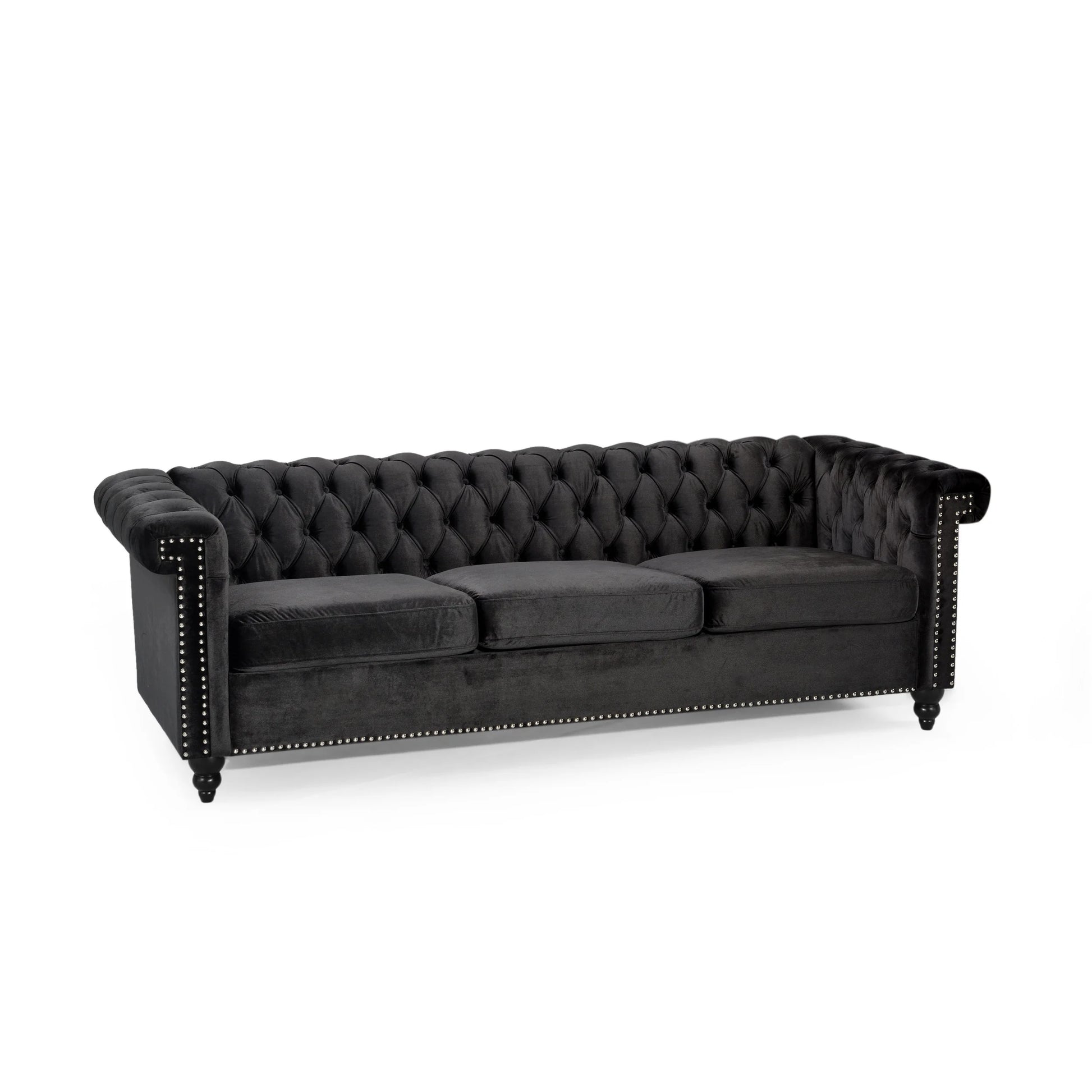 Zyiere Tufted Chesterfield Three-Seater Sofa in Black Velvet and Dark Brown