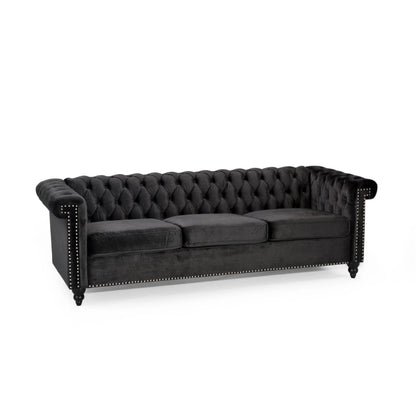 Zyiere Tufted Chesterfield Three-Seater Sofa in Black Velvet and Dark Brown