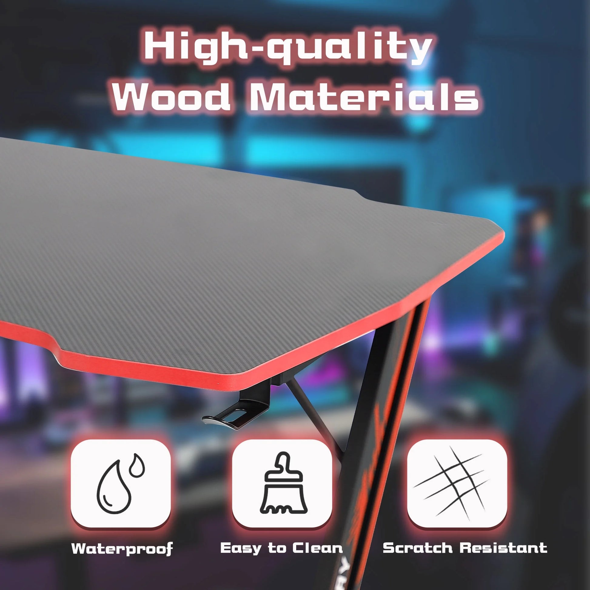 Ergonomic Z-Shaped Gaming Desk with Integrated Headphone Hook in Red