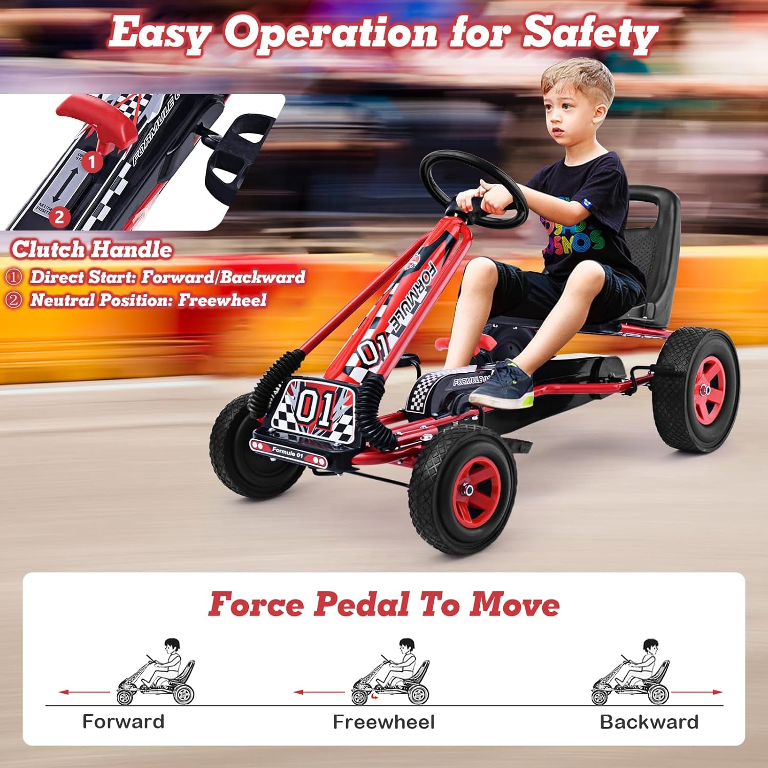 Kids' Off-Road Go Kart with Adjustable Seat, Safety Brakes, EVA Tires, and Steering Wheel - Red