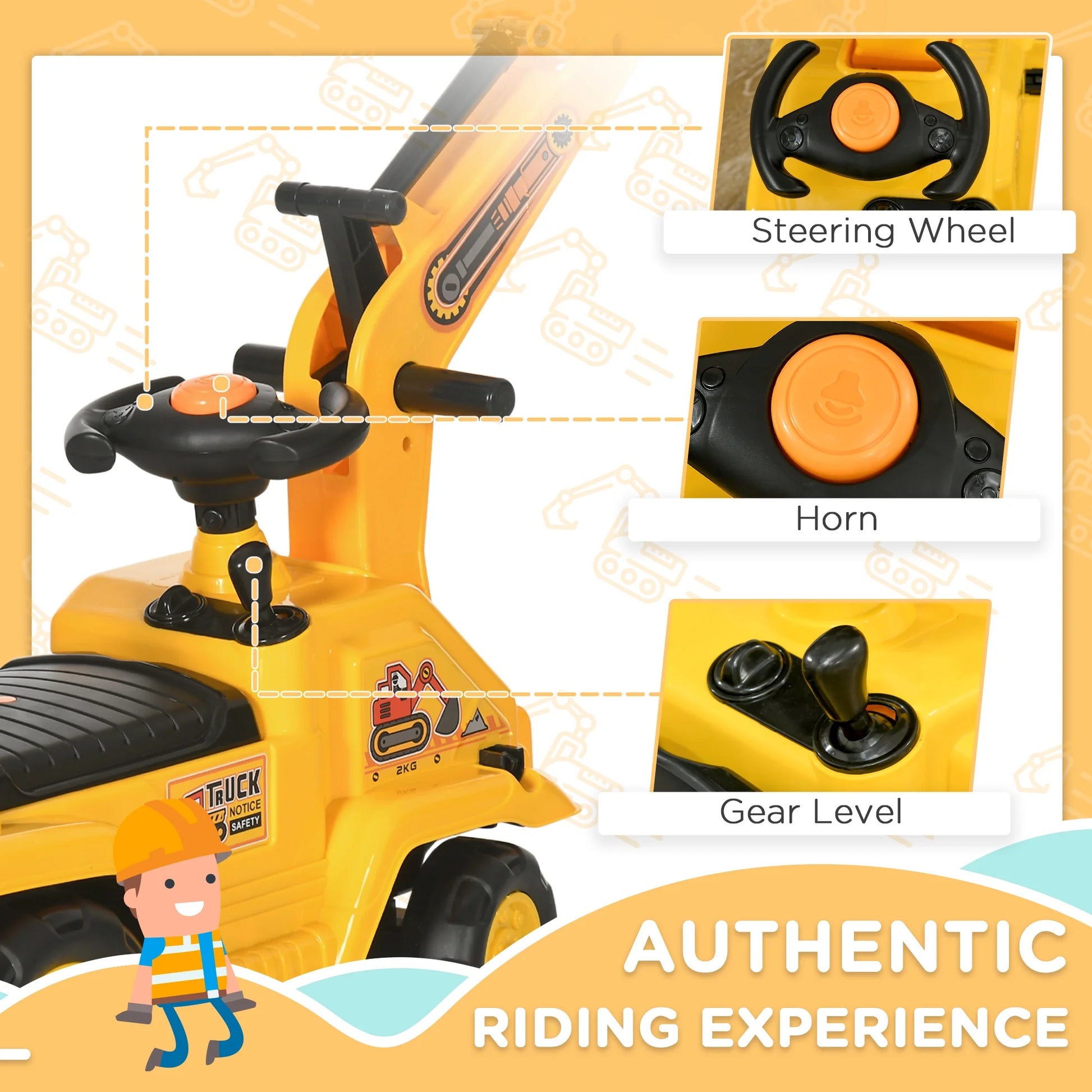 3-in-1 Ride-On Toy Excavator Digger, Scooter, and Pulling Cart for Pretend Play Construction Activities
