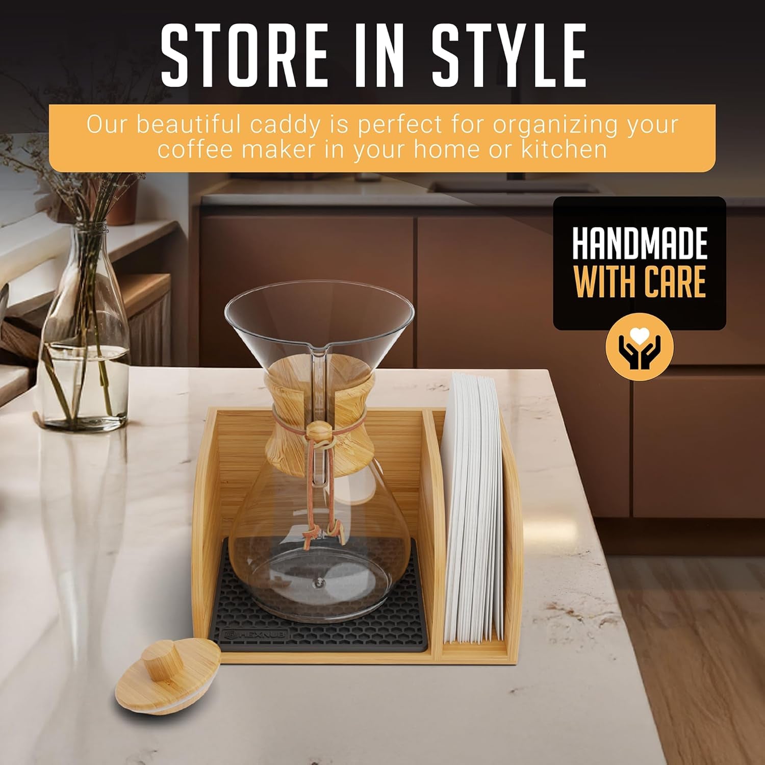 Caddy and Lid for Pour over Coffee Maker, Bamboo Stand Fits Chemex, Bodum, Cosori Coffee Carafes, Heatproof Mat, Filter Holder - Black Mat