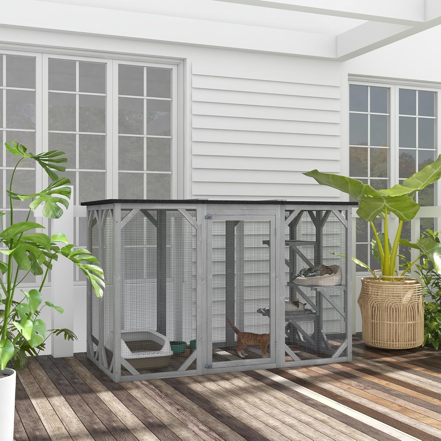 Outdoor Cat House - Wooden Feral Cat Shelter with Platforms, Large Entrance, Weather Protection Asphalt Roof, 71" L, Gray