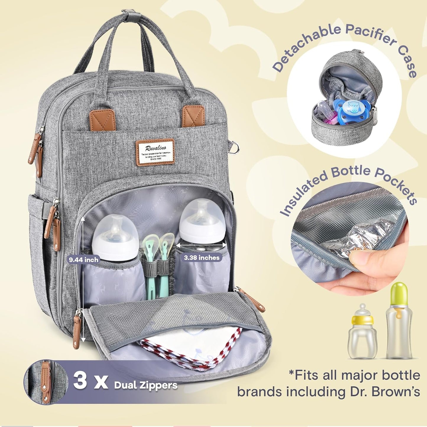 Multifunctional Travel Diaper Backpack - Features Changing Pad, Insulated Bottle Holders, Pacifier Case, Large Capacity, Waterproof Design in Gray
