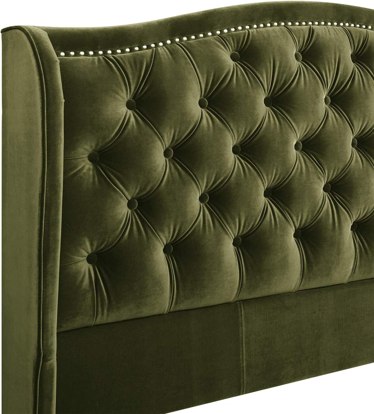 Marcella Queen Upholstered Shelter Headboard Bed Set in Olive Green Performance Velvet
