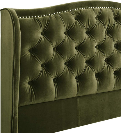 Marcella Queen Upholstered Shelter Headboard Bed Set in Olive Green Performance Velvet