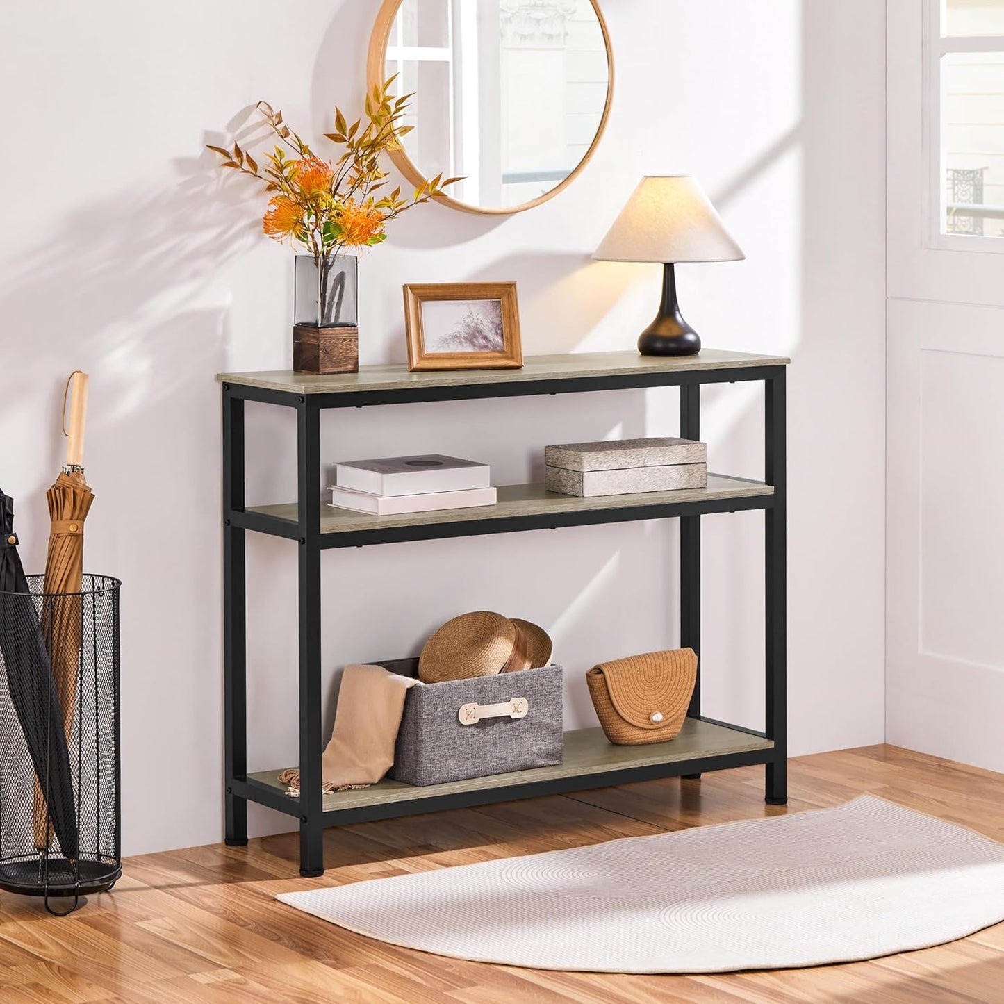 40-Inch Console Table with Storage Shelves and Metal Frame, Gray Wood Entryway and Living Room Table