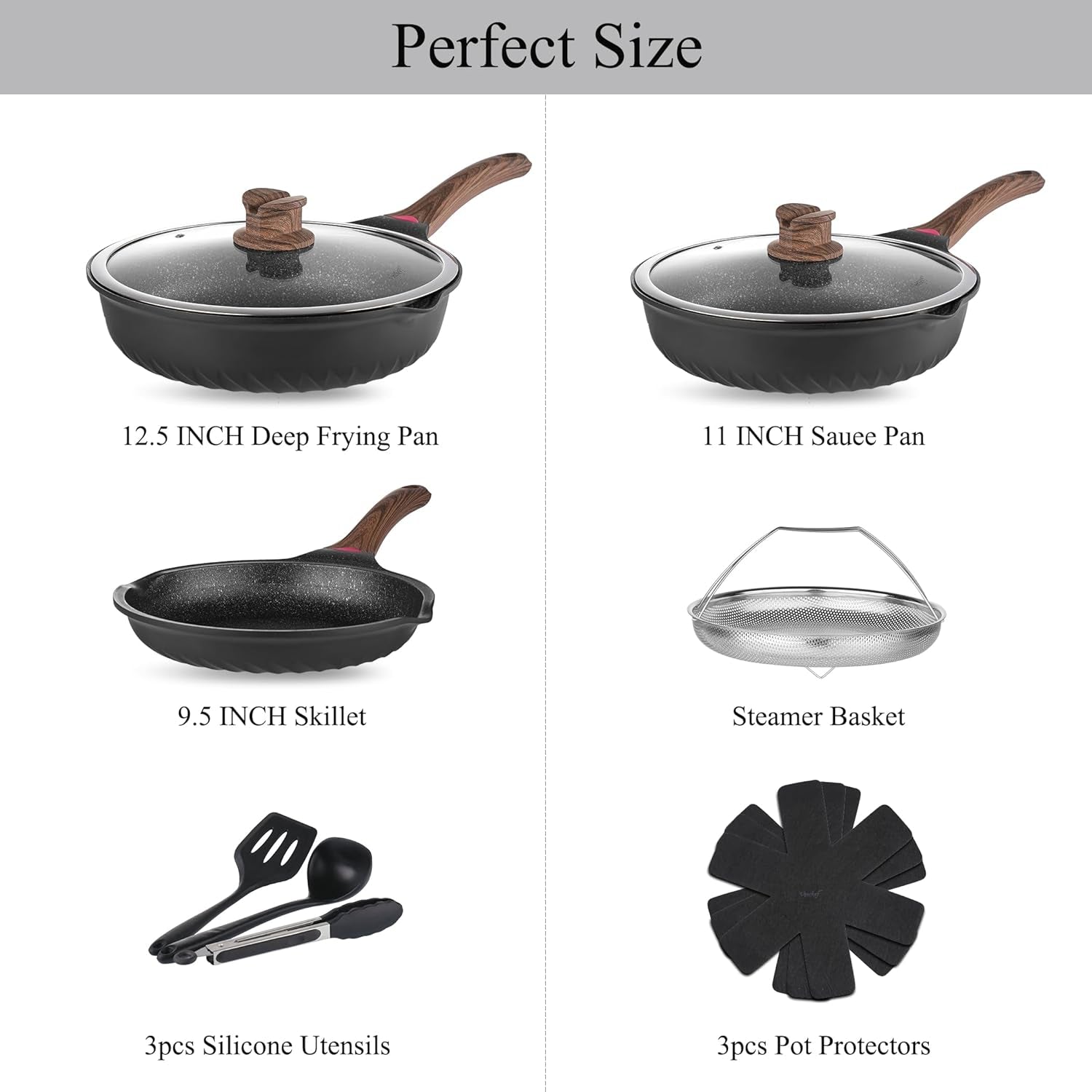 Pots and Pans Set, 12Pcs Nonstick Induction Kitchen Cookware Sets with Stay-Cool Handles, Frying Pans and Saute Pan with Lid, Silicone Cooking Utensil Sets and Pot Protectors, PFAS, PFOA Free