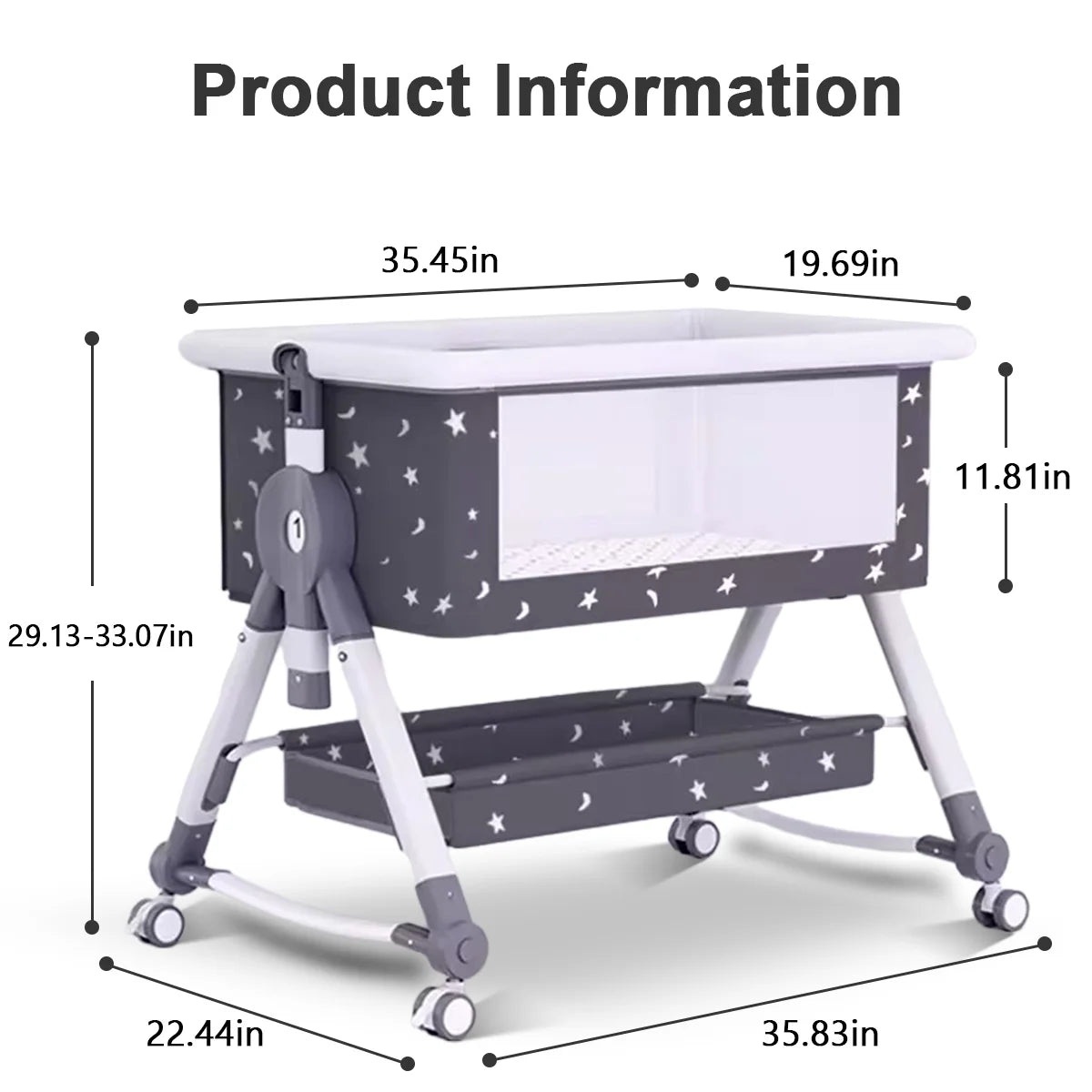 4-in-1 Adjustable Height Bedside Bassinet with Storage Basket in Black